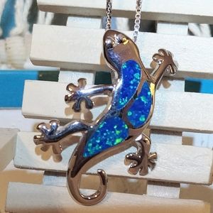 🆕🦎 Blue Fire Opal Gecko Slide Pendant Necklace